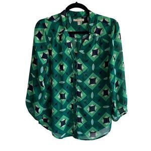 BANANA REPUBLIC Button Front Blouse Geometric Print Pattern Green S